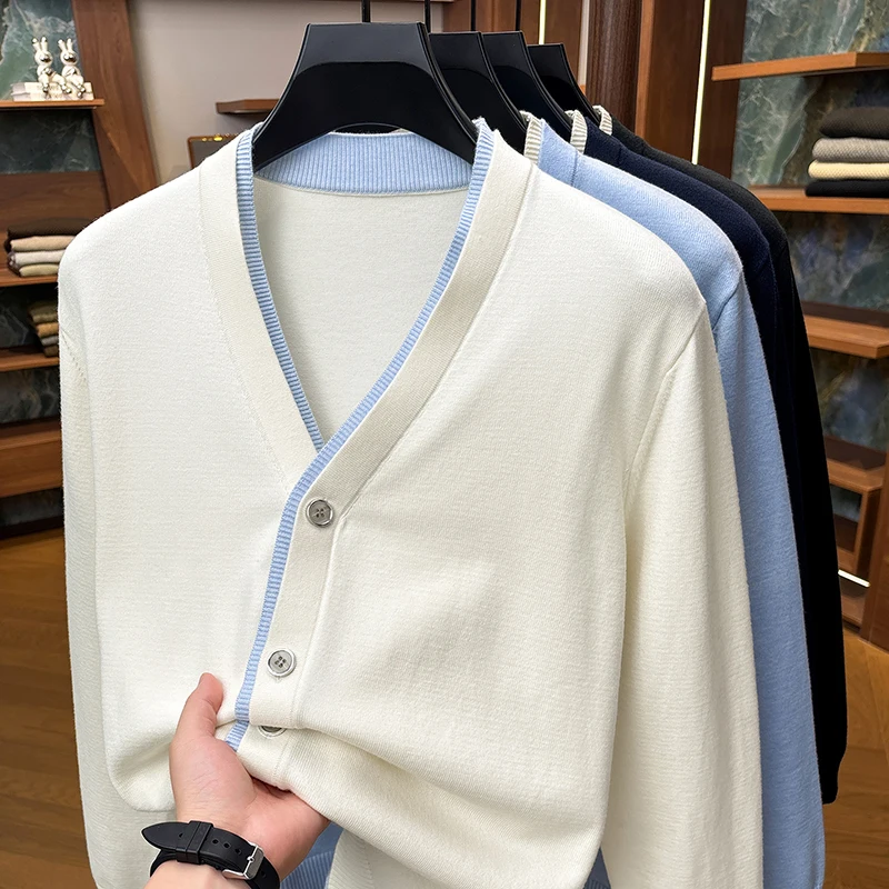 Advanced Autumn and Winter New Product Solid Color Knitted Cardigan Versatile Business Contrasting Color Fashionable Top for Men