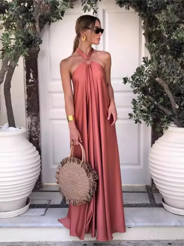 Letnia Damska Seksowna Sukienka Bez Rękawów z Dekoltem typu Halter, Ażurowa Satynowa Sukienka na Ramiączkach, Modna Sznurowana Sukienka z Dużym Rozkloszowanym Dołem i Odkrytymi Plecami