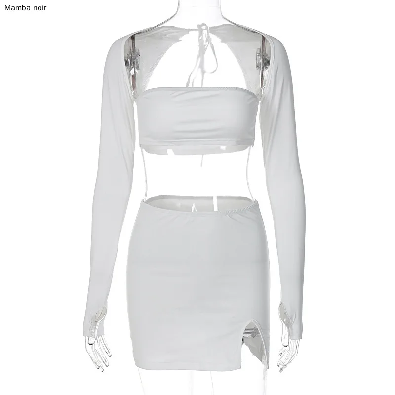 Women New 2 Pcs Set Solid Long Sleeves Square Neck Backless Bandage Crop Top Slit Skirt Summer Rave Festival Outfit