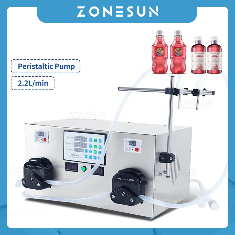 

ZONESUN Semi-auto Liquid Filling Machine Double-head Peristaltic Pump Filler Cosmetic Juice Coffee Beverages Perfume ZS-YTPP2