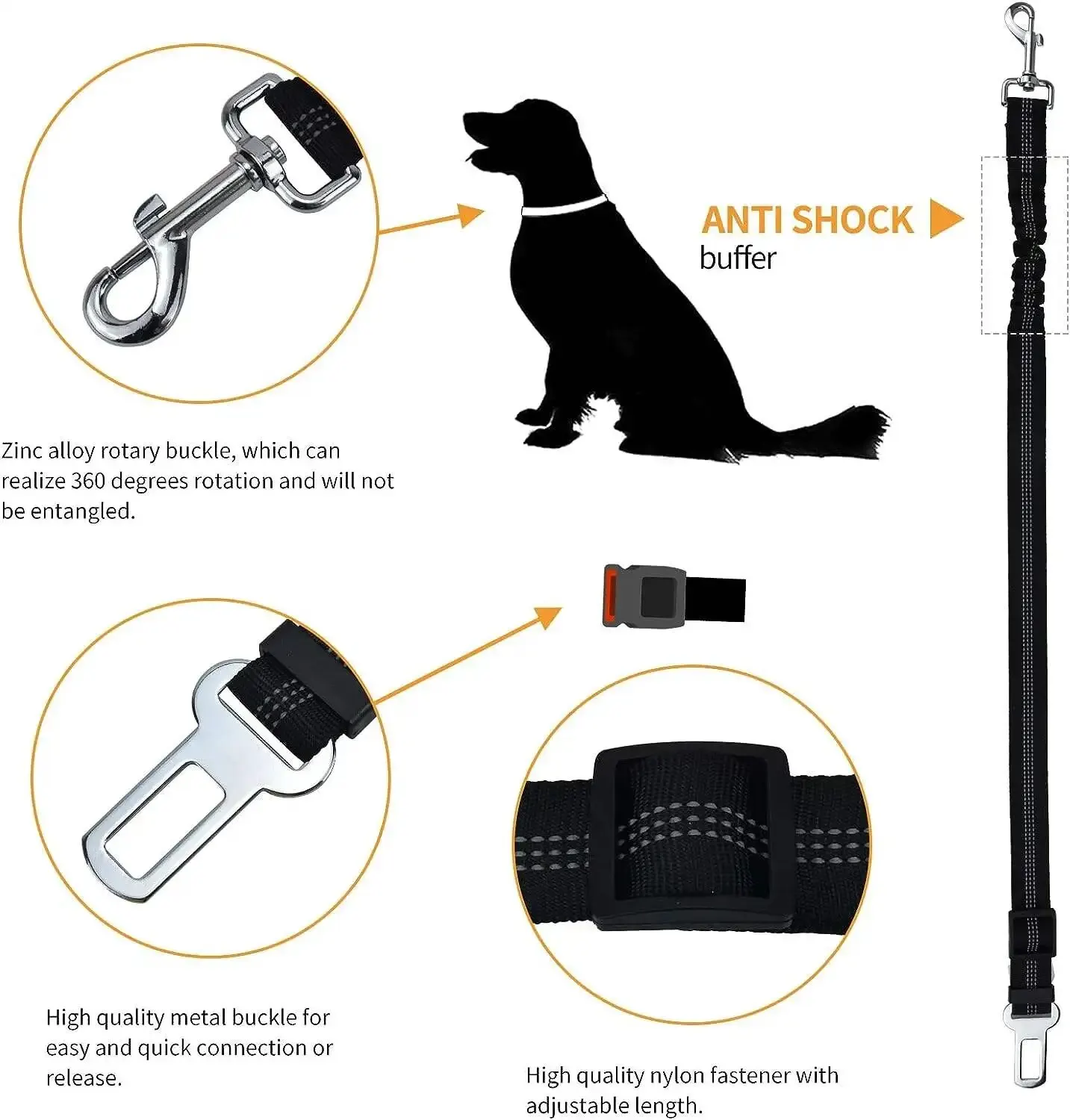 1PCS High Grade Dog Car Safety Belt Dog Safety Belt with Damping Belt and Reflective Line Adjustable Length Suitable Any Dog