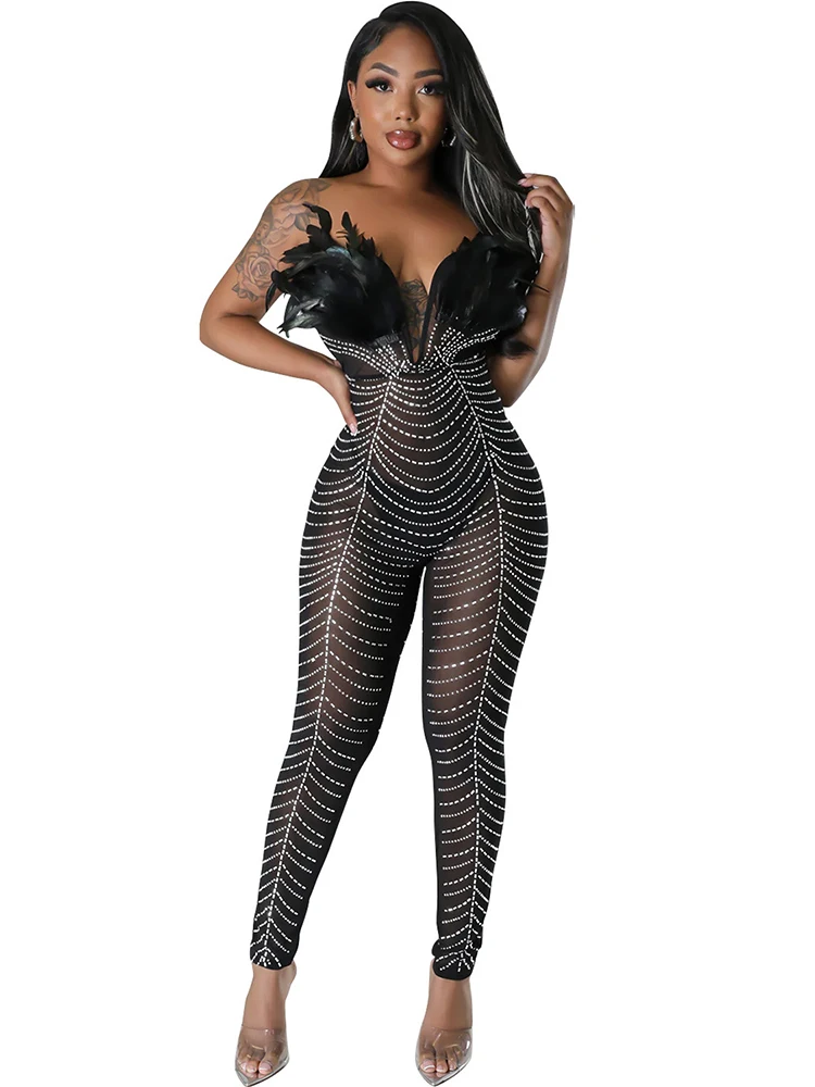 

Sexy Mesh Beaded Rhinestone Feather Corset Jumpsuit Off The Shoulder See Through Night Club Evening Party Prom Bodycon Jumpsuits