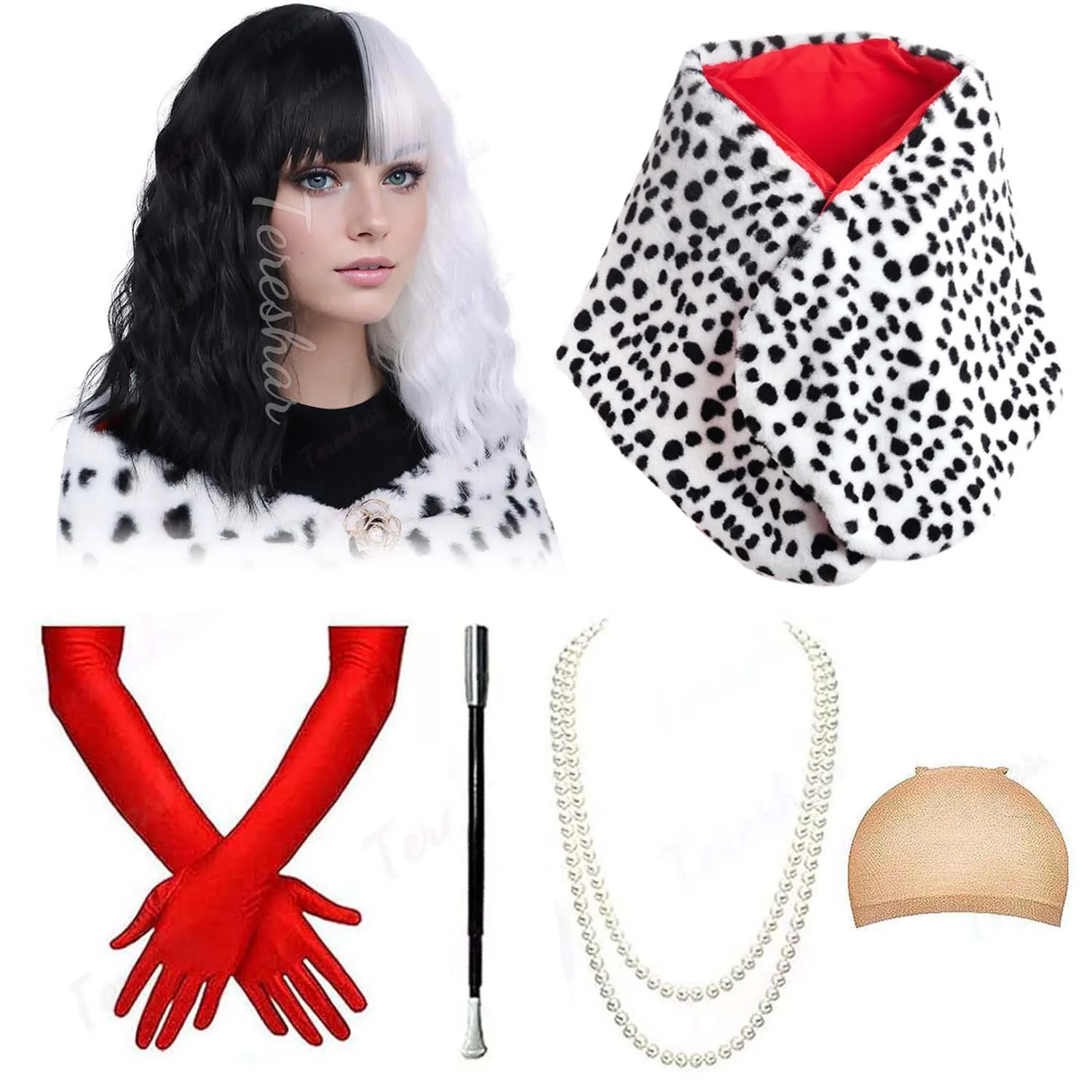 Synthetic Short Black and White Curly Wavy Wig with Dalmatian Shawl,Gloves,Necklace for Cosplay Halloween,Cruella Deville Wig