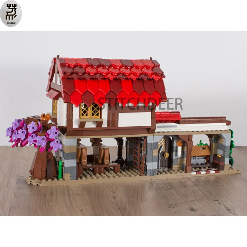 908Pcs Moc Middeleeuwse Marktplaats Modulaire Bouwhuis Bouwstenen Assembleren Model Diy Speelgoed Baksteen Educatie Vakantiegeschenk