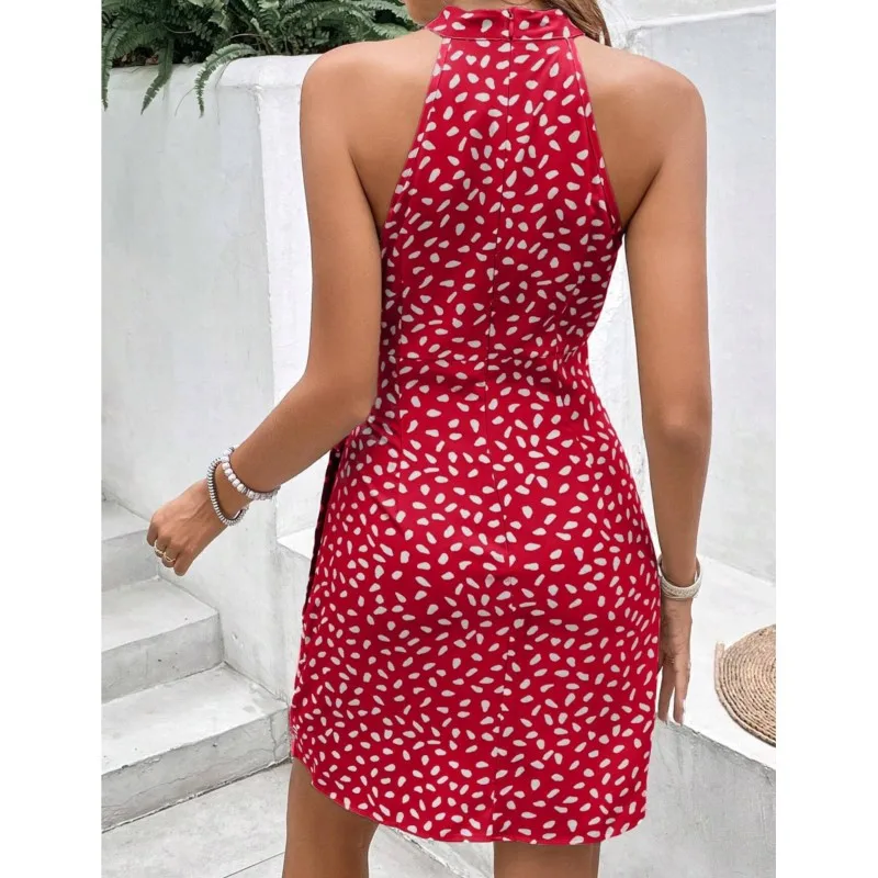 Women\'s Summer Fashion Hanging Neck Zipper Sleeveless Floral Pleated Short Dress Sexy Off Shoulder Lace-Up Mini Dress Vestidos