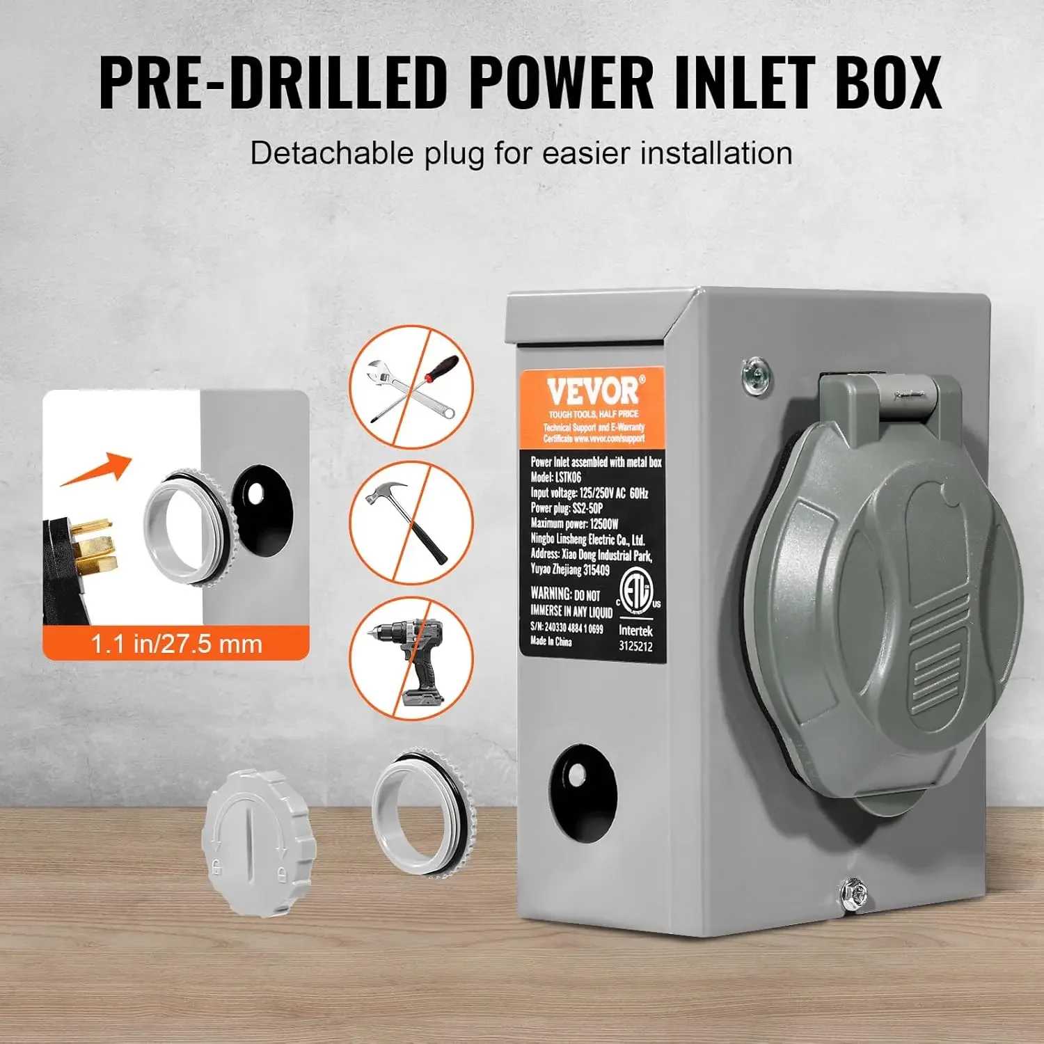 50 Amp Generator Cord and Power Inlet Box Kit, 15FT Generator Extension Cord with Twist Lock Connector, Pre-Drilled Inlet Box