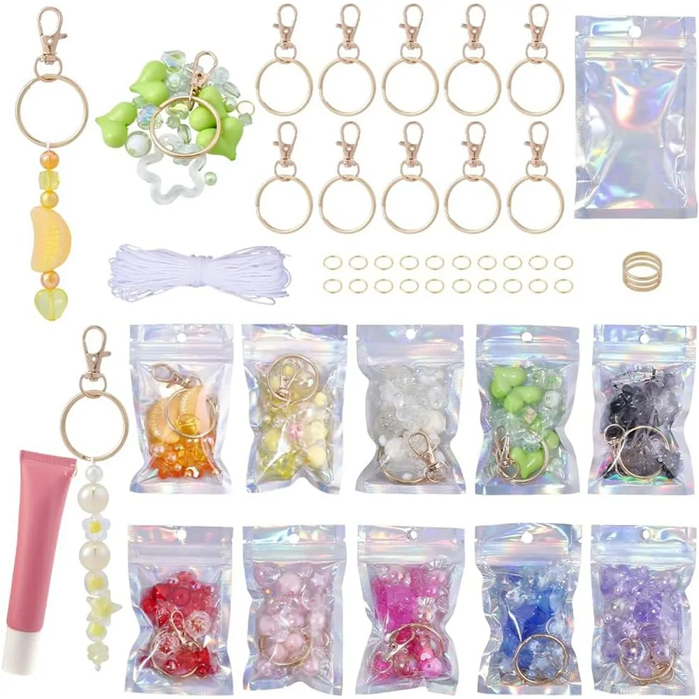 251Pcs 10Sets Lip Gloss Keychain Making Kit 200 Acrylic Beads 10 Swivel Lobster Claw Clasps 20 Jump Rings with 10m Nylon Thread