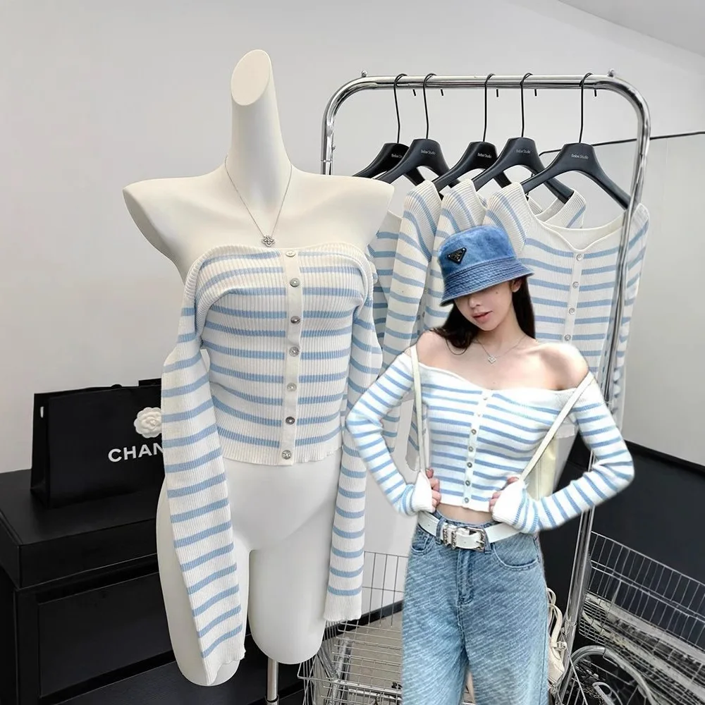 

2026 Spring Women's Off Shoulder Blue White Striped Long Sleeve Knit Top Slim Fitted Pure Desire Style Inner Wear Sweater Shirt