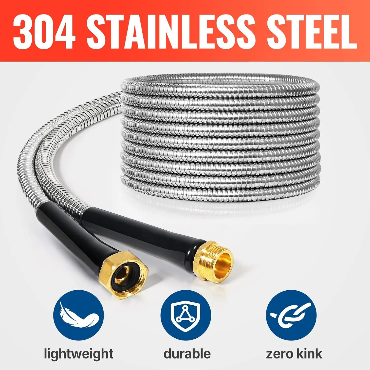 

100FT Stainless Steel Garden Hose with 10 Pattern Spray Nozzle, Heavy Duty Metal Water Hose, Kink-Free, Rust Resistant Hose·New