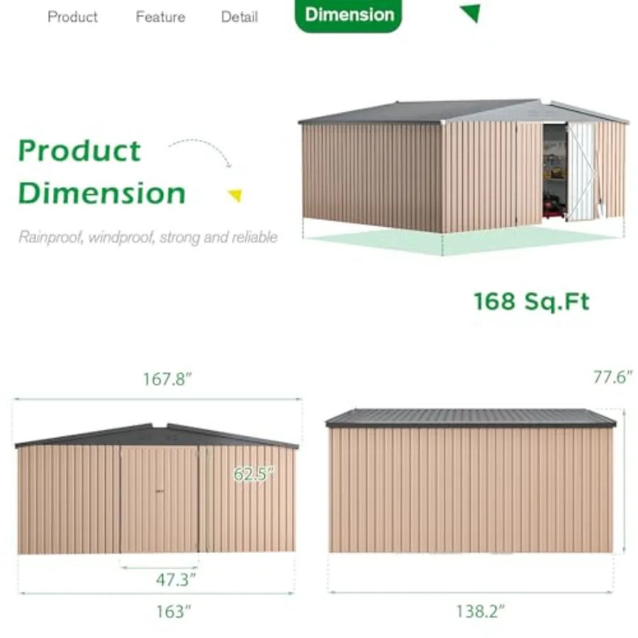 10x14 Outdoor Storage Shed, Large Metal Garden Shed for Backyard and Patio Use, Gray, Lockable Heavy-Duty Steel Construction