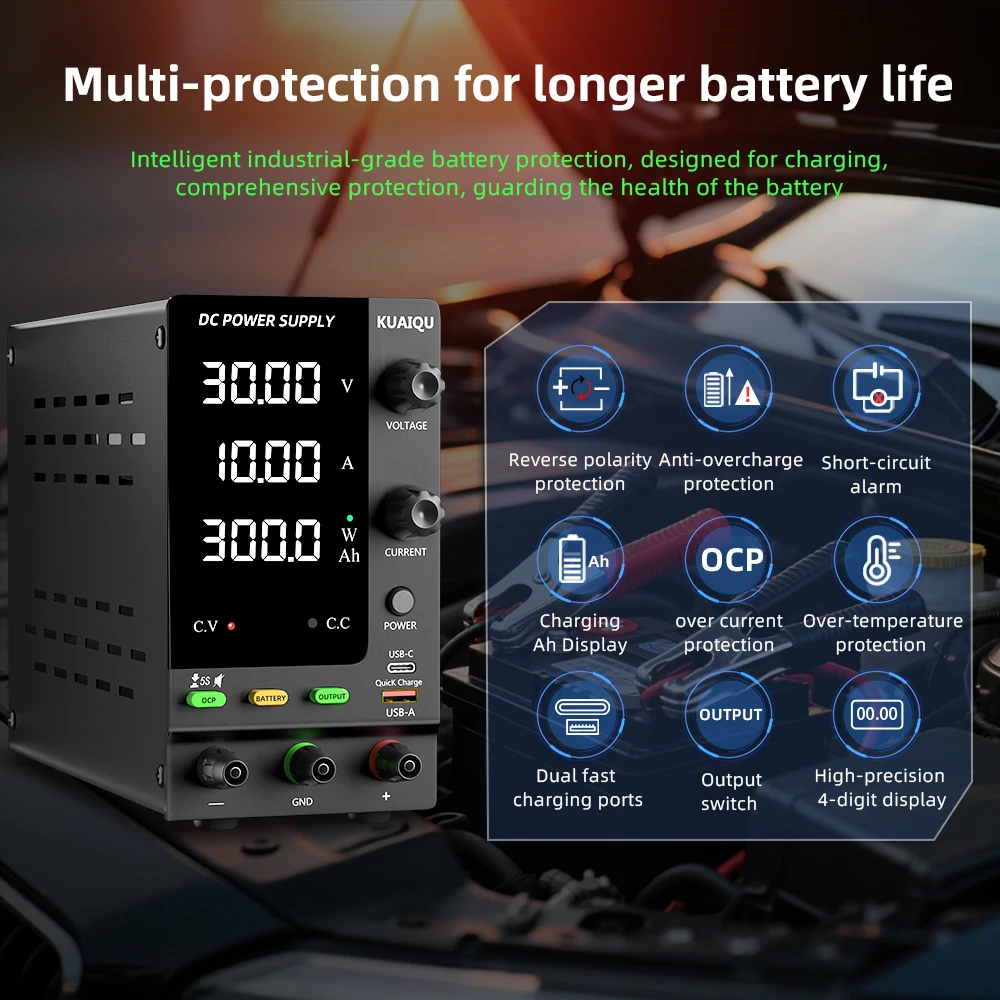Fonte de alimentação DC ajustável KUAIQU 30V 10A, 12V 24V 48V 60V 120V Carregador de bateria universal inteligente, monitor Ah em tempo real