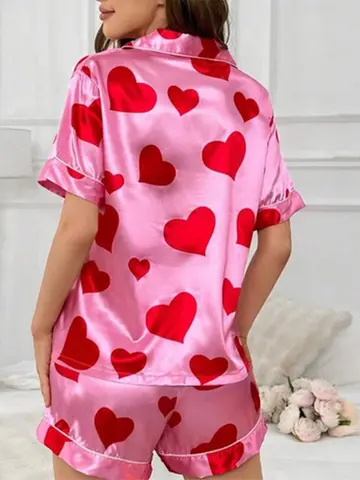 Women s Valentine s Day Pajama Set Short Sleeve Love Heart Print Top and Shorts Loungewear Sleepwear Matching Sets