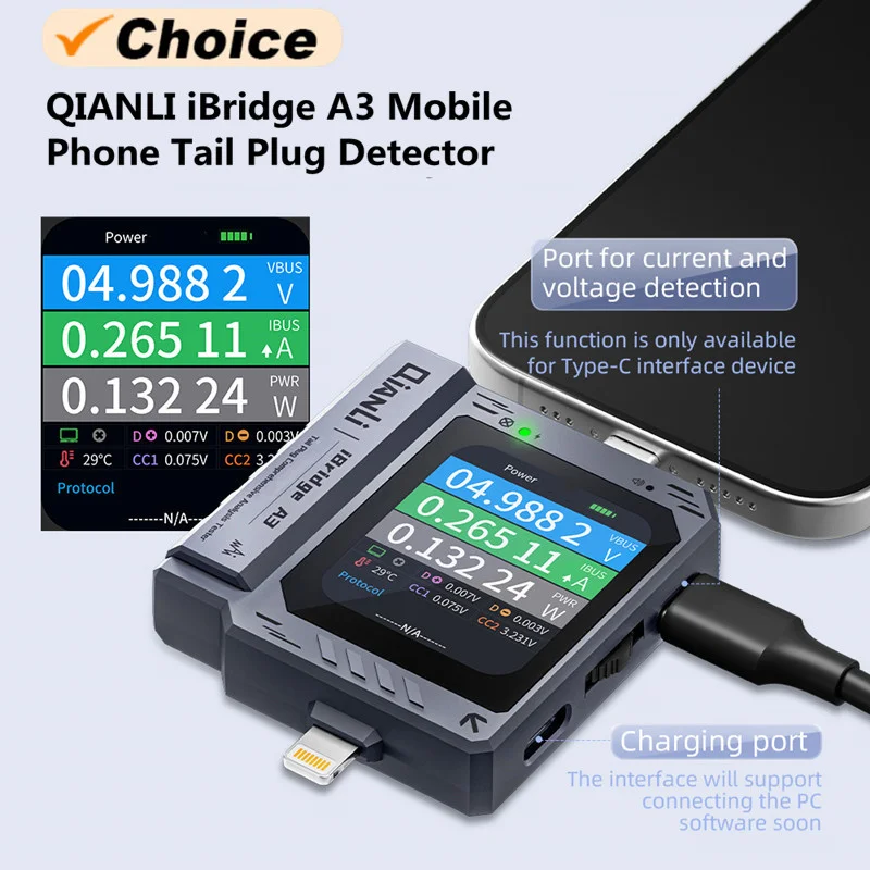 QIANLI iBridge A3 Tail Plug Detector for Mobile Phone Maintenance Support Lightning and Type-C Current Voltage Detection Tool