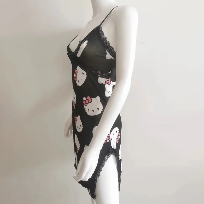 Hello Kitty Sanrio Women Sexy Sleepwear Summer Lace Suspender V-Neck Sleeveless Pajamas Nightgown Feminine Dress Pajama Gift