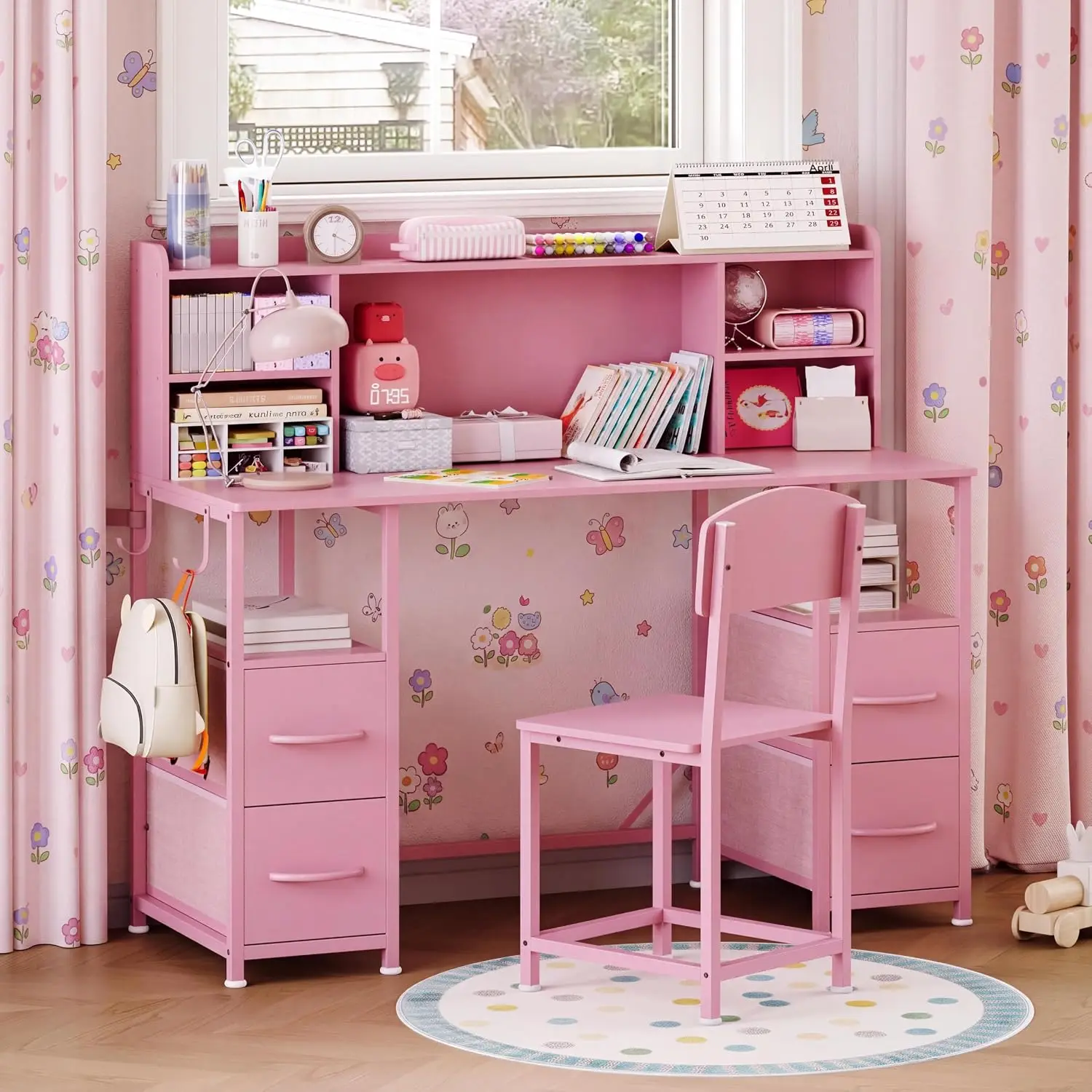 47.2 Inch Kids Desk And Chair Set With Hutch And Storage, Sturdy Metal Frame Kids Study Table For Ages 6 To 12, 4 Fabric Drawers, Detachable Hooks, Ergonomic Chair, Waterproof Top