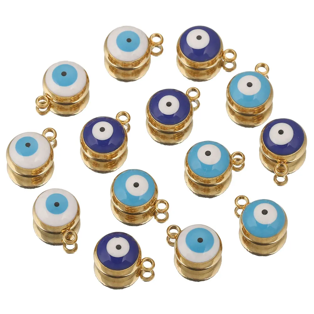 10pcs 5 6 8mm Stainless Steel Round Enamel Sky Blue White Evil Eye Charms for Jewelry Making Findings Earring Bracelet Wholesale