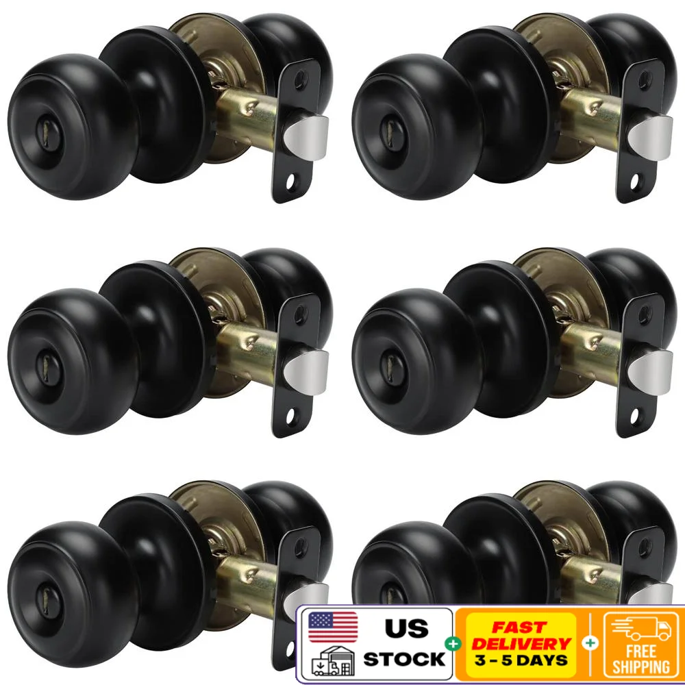 Matte Black Keyless Privacy Door Knobs Bulk Set Stainless Steel Bedroom Bathroom Interior Knob Pack Round Shape Classic Design