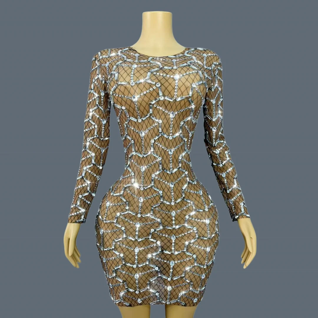 

High End Sparkly Crystals Outfit Long Sleeve Formal Party Cocktail Dress Elegant Women Designer Brown Short Dresses Heizhuwang