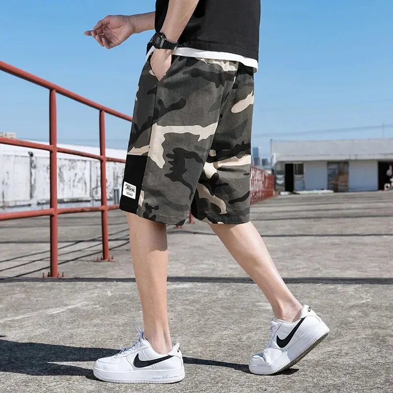 Men's Loose Camouflage Pattern Cotton Waist Drawing Cargo ShortsWith Pockets, Casual Breathable Shorts For Summer