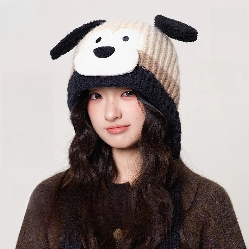three-dimensional-cartoon-ear-protection-knitted-double-layer-thickened-velvet-warm-big-head-circumference-wide-tether-snow-cap