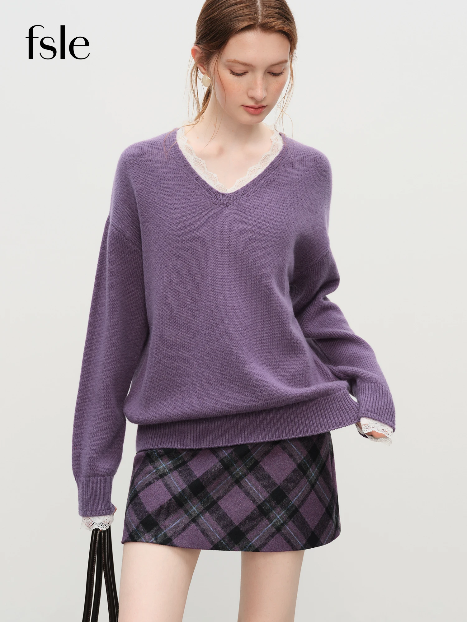 

FSLE Winter 2025 Women's V-Neck Lace Knit Sweater - Sweet Feminine Pure Wool Blend Pullover Relaxed Fit for Casual Elegance