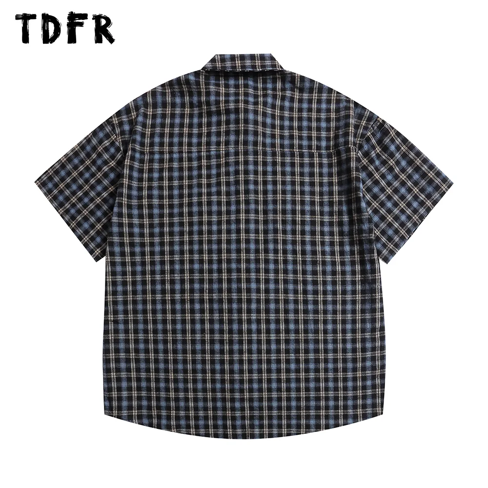 Little bear Embroidery Plaid Short Sleeve Shirts Mens Retro Casual Loose Single Breasted Lapel Half-Sleeve Cotton Shirts Men