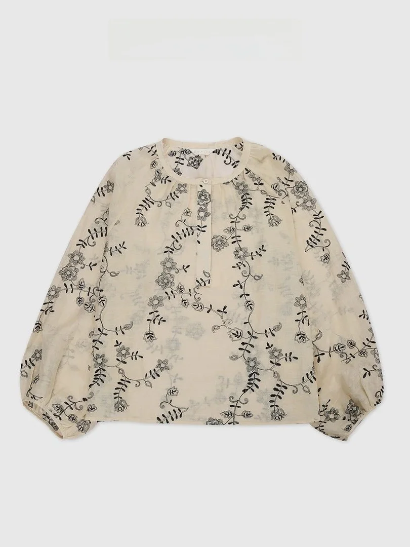 

Tang Jialing Sister Flowing Cloud Clear Joy Color Blo Embroidered Absorbent Breathable Flax Top Women's Summer irt