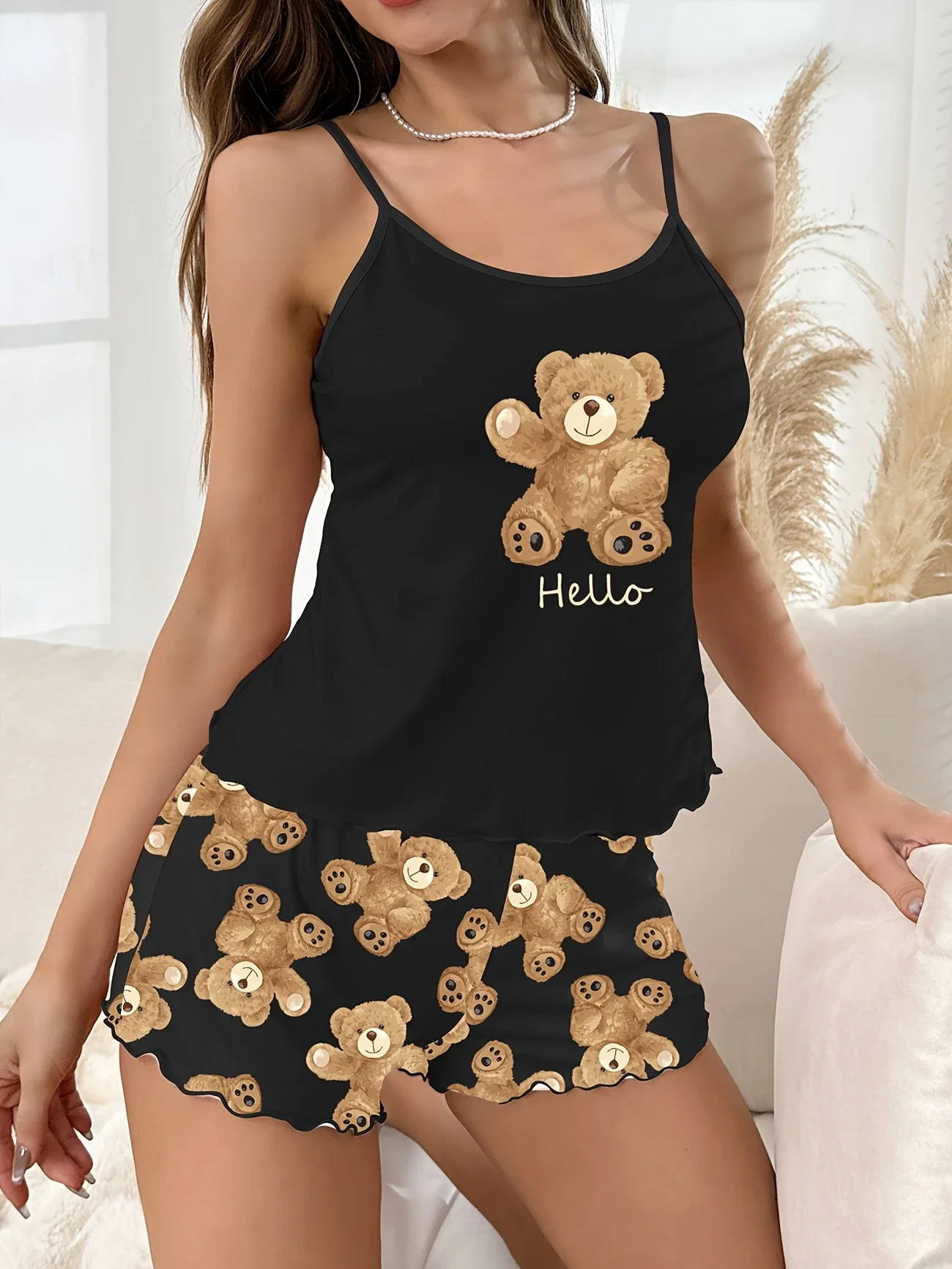 Summer Cute Black Bear Printed Sling Crop Tops and Shorts Pajamas Set for Women's Loungewear Sleepwear Home Wear Clothes