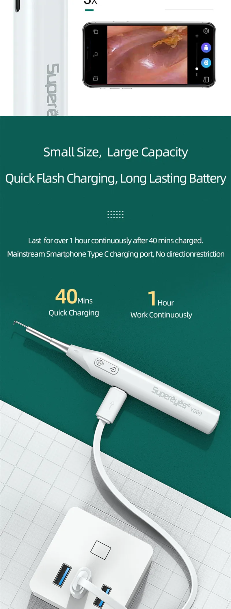 Supereyes 3.9mm 2MP 1080P Wireless WIFI Earpick Endoscope Earwax Removal Camera CMOS Borescope Digital Microscope  Y009