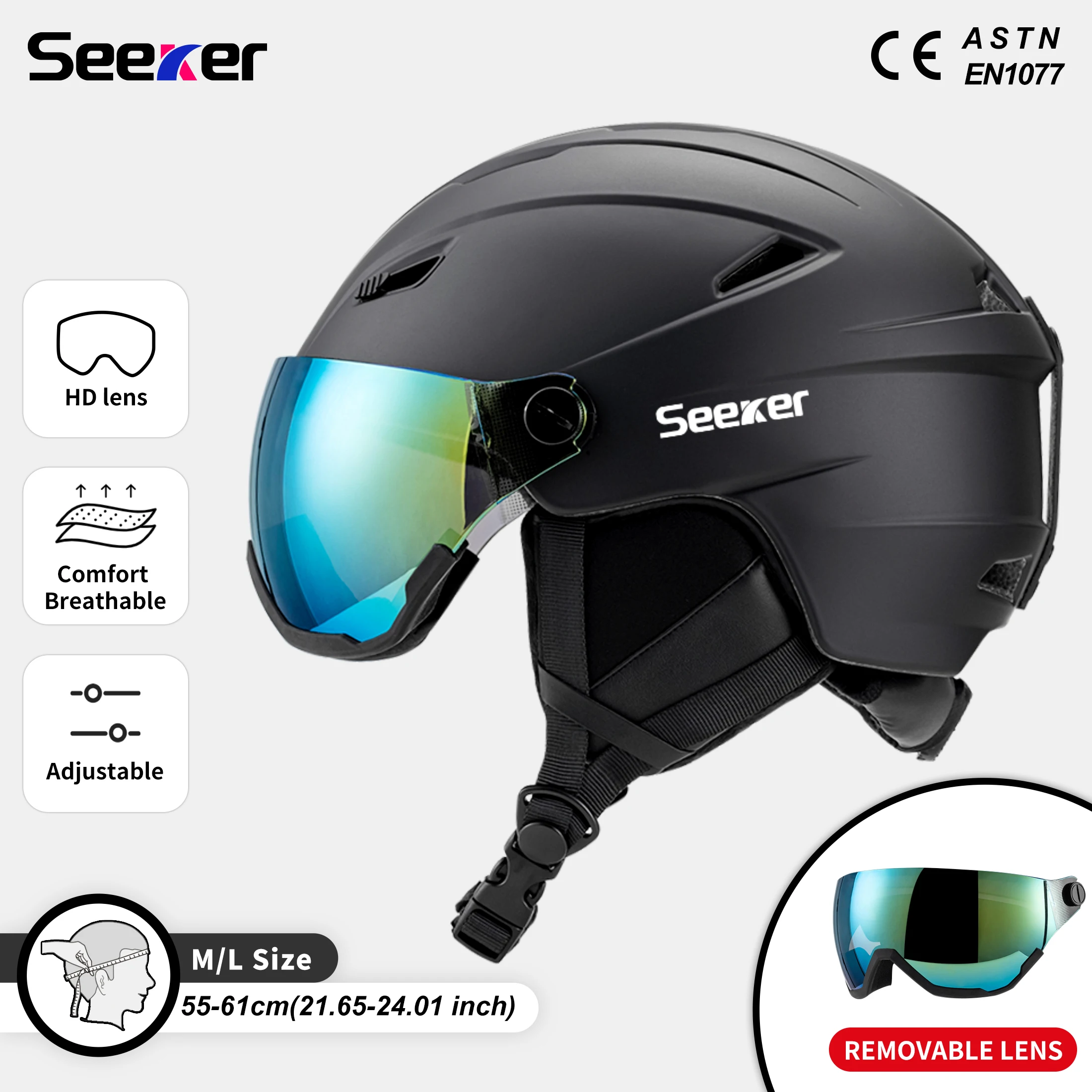 

Seeker Ski Helmet with Goggles Winter Snow Helmet Outdoor Sports Alpine Skiing Skating Helmet Adult Men's and Women's Ski Helmet