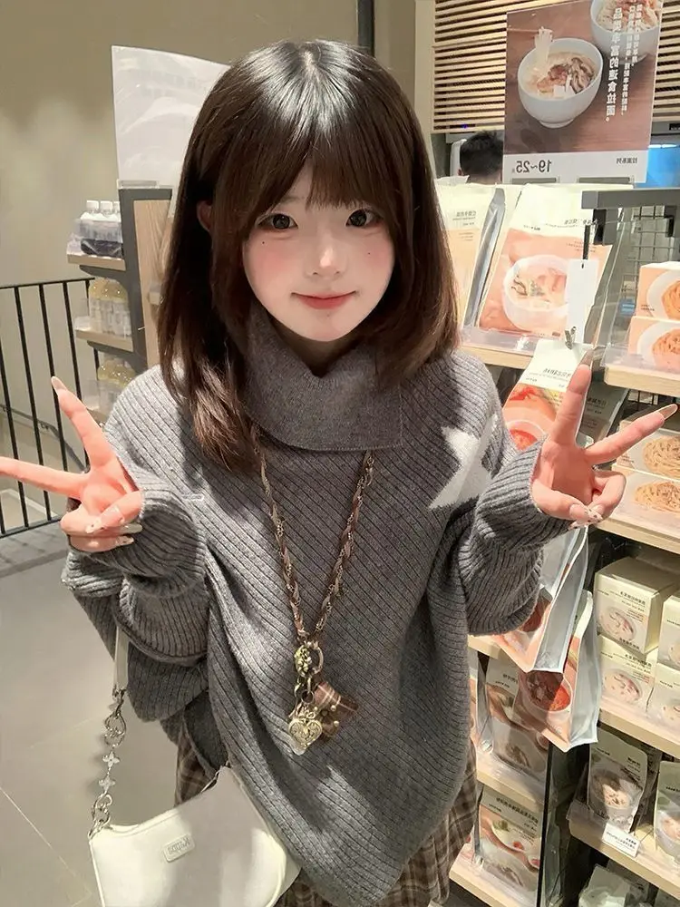 

Grey Turtleneck Irregular Knitted Sweater for Women Autumn Winter New Loose Pullovers Harajuku Vintage Women's Clothing Knitwear