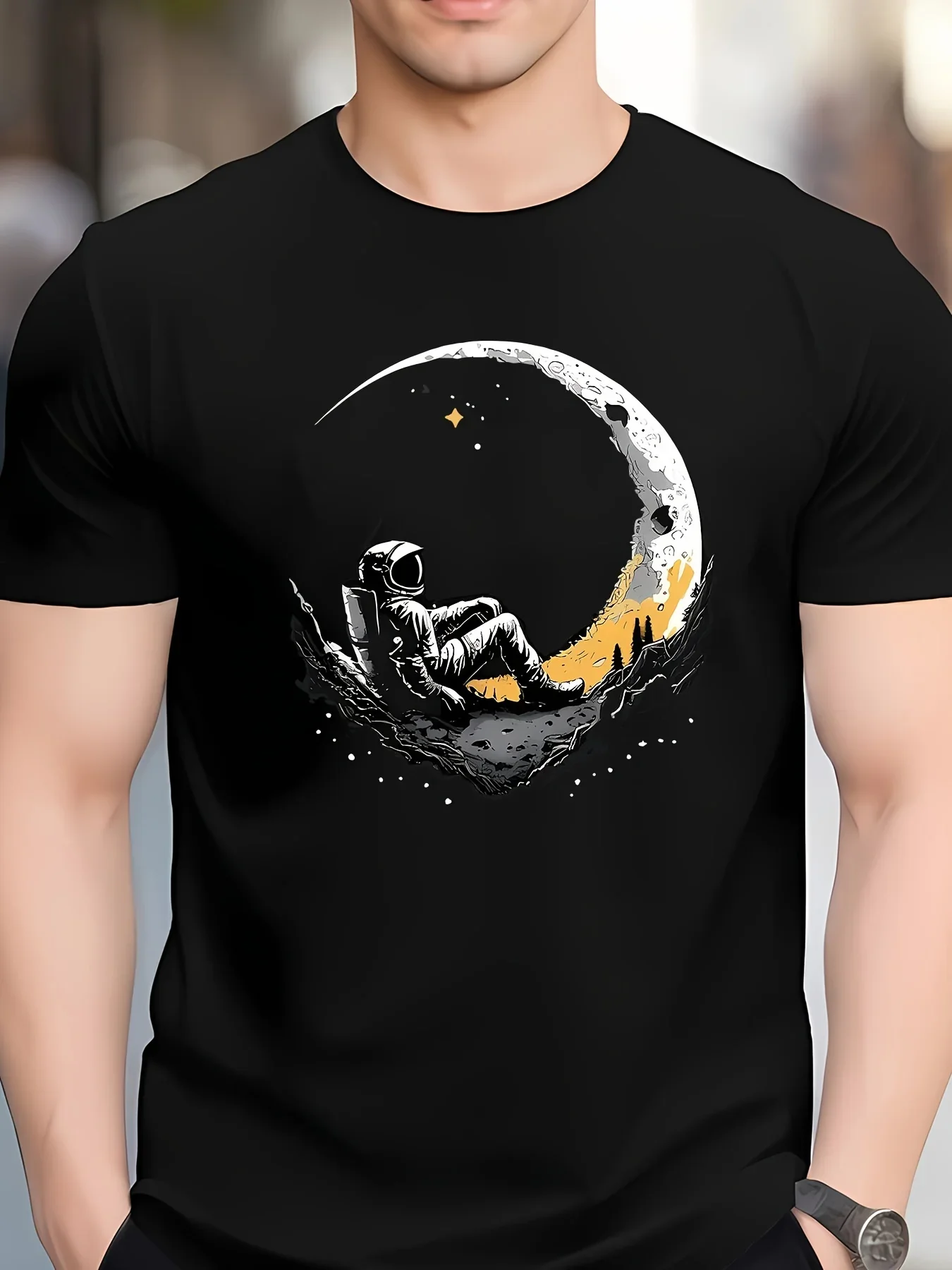 Men's summer fashion trend casual loose large-sized moon-themed print sports round-neck short-sleeved T-shirt