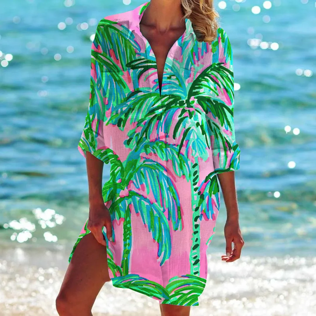 Women Printed Blouse Long Top Tunics Cardigan Half Sleeved Loose Beach Wear Swimwear Ladies Dresses Shirts Button 2023