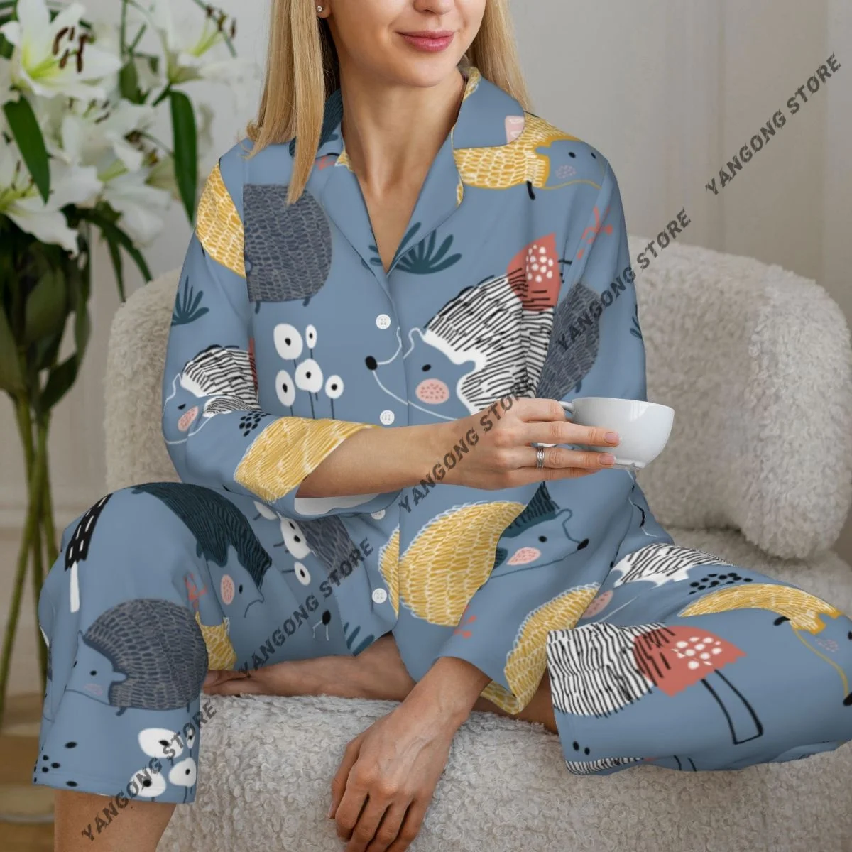 Women Sleepwear Loungewear Cute Hedgehogs And Mushrooms Long Sleeve Lapel Neck Shirt and Elastic Waist Pants Pajamas Set