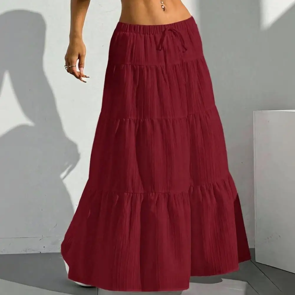 Elegant Casual Skirts Women Pleated Skirt Mid-waist Elastic Skirt Women Long Skirt Spring Summer A Line Flowy Swing with Elastic