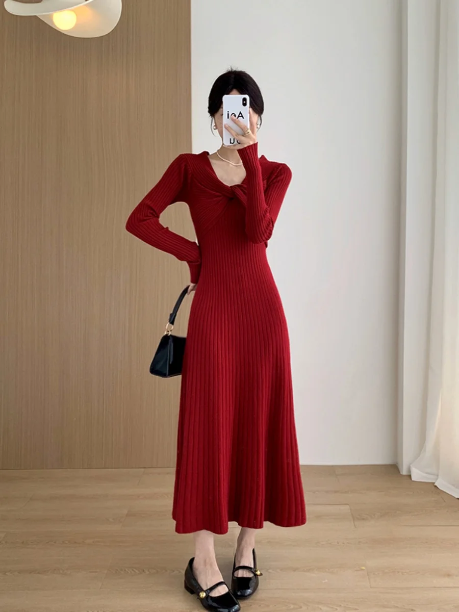 Saia Longa de Tricô Slimming de Cintura Alta, Modelo Bodycon, Um Ombro, Camada Base Vermelha, Outono Inverno, Cor Pura