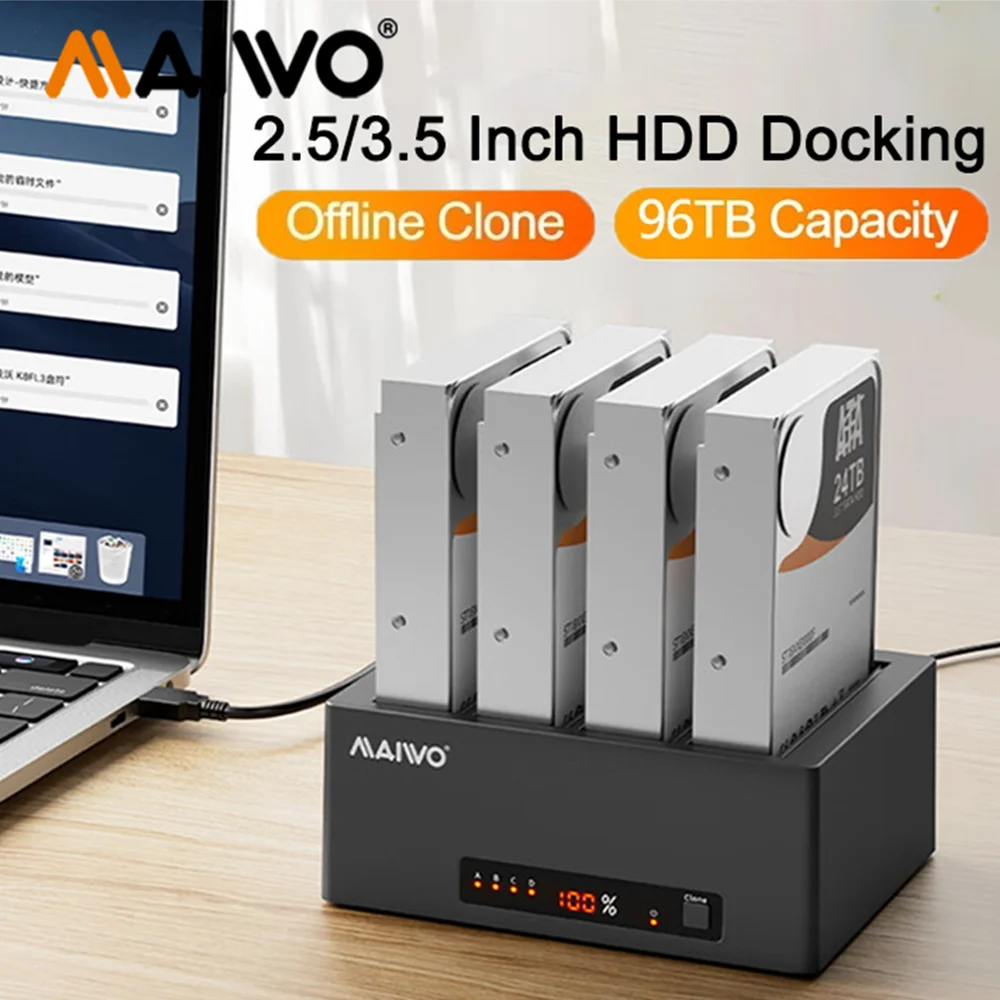 

MAIWO 4 Bay Hard Drive Docking Station with Offline Clone for 2.5/3.5'' SATA HDD SSD USB 3.0 SATA 5Gbps with UASP 96TB Capacity