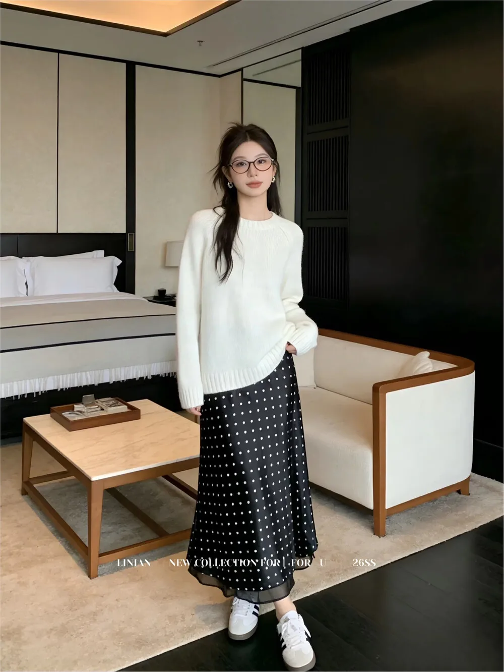French Beige Black Polka Dot Satin Double Midi Skirt High Waist A-line Casual Elegant Office Lady Summer Trendy Chic Flowy Skirt
