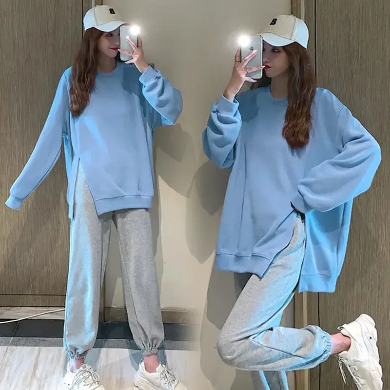 Spring Autumn Blue Maternity Outfit Suits Long Sleeved Sets Clothes for Pregnant Women New Fashion Casual Pregnancy Clothing