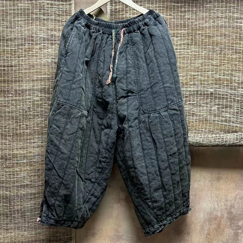 Outono inverno artes estilo feminino cintura elástica solta tornozelo comprimento calças de alta qualidade engrossar algodão linho vintage harem calças