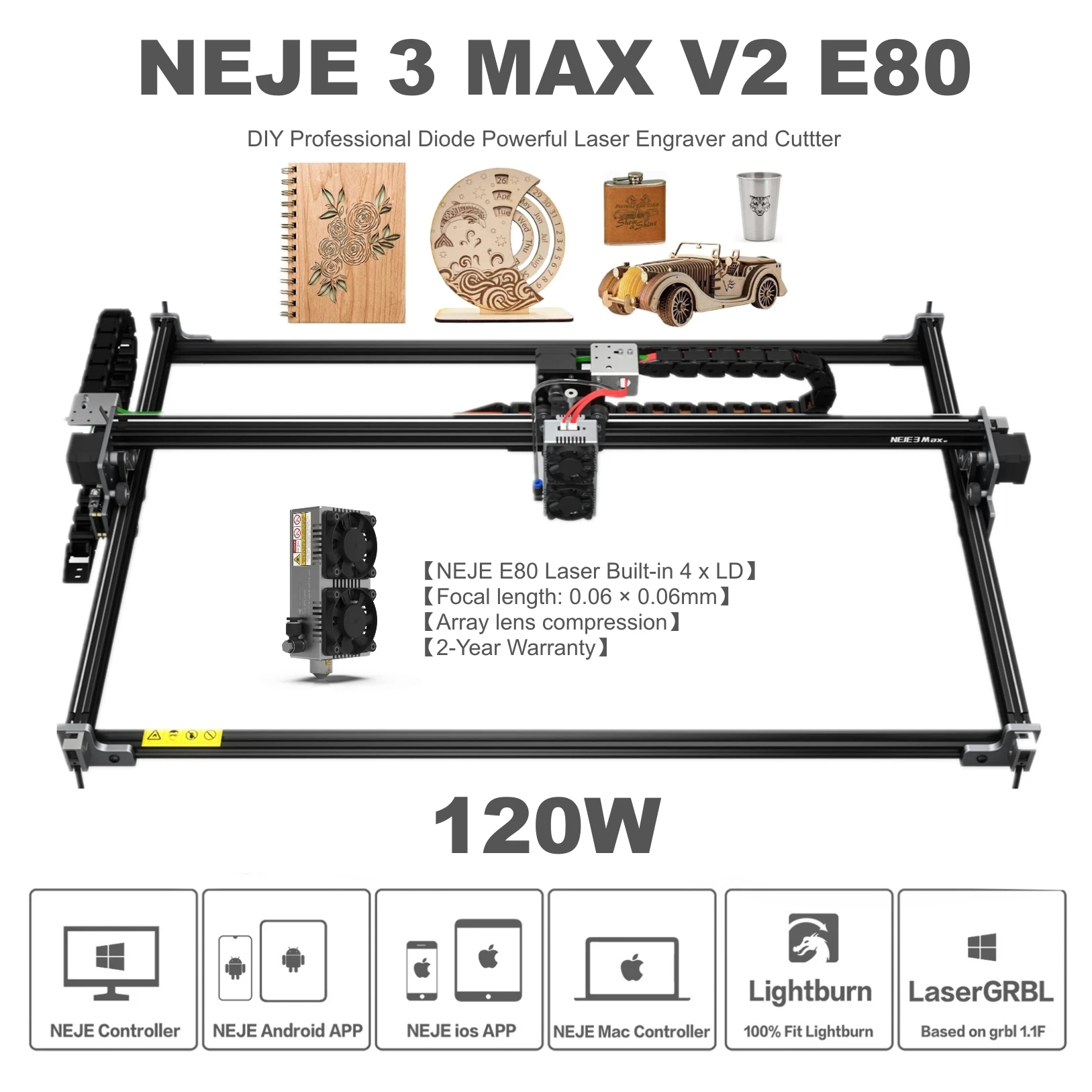 

NEJE 3 Max V2 E80 120W Professional CNC Laser Engraver Stainless Steel Cutter Metal Engraving Plotter Wood Cutting DIY Tool