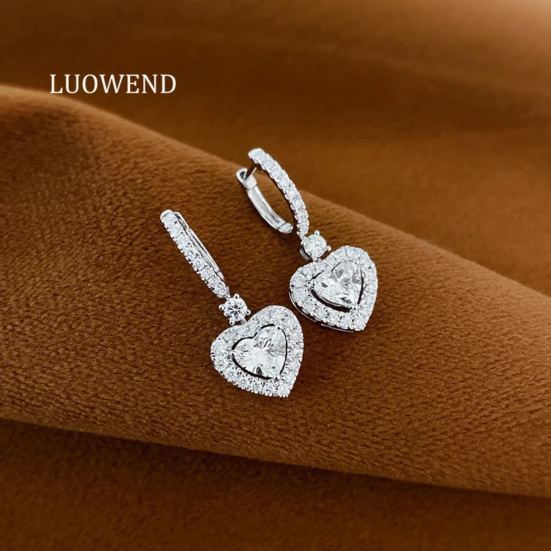 LUOWEND 100% 18K White Gold Earrings Luxury Heart Shape Real Natural Diamond Hoop Earrings for Women High Wedding Jewelry