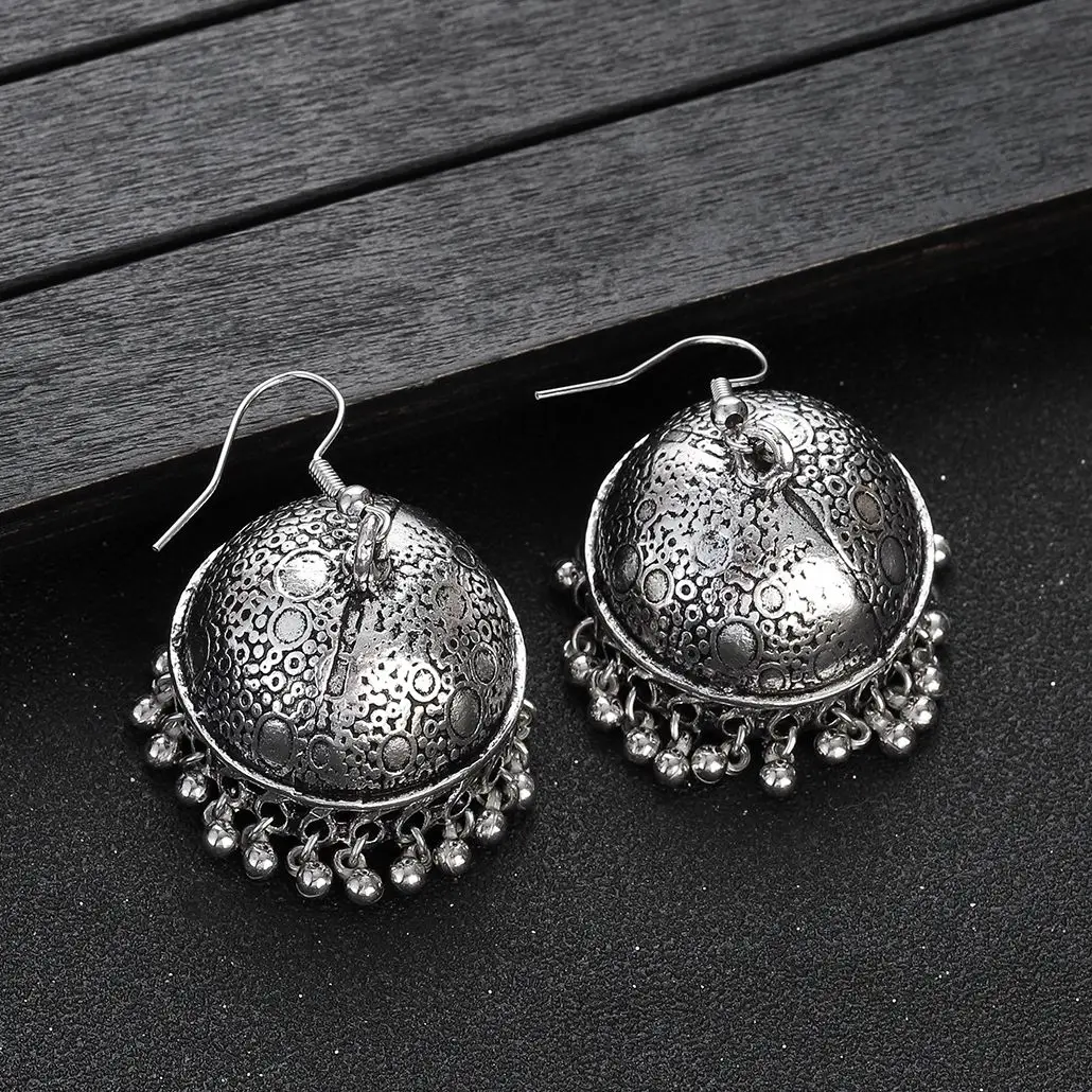 Ethnic Classic Silver Color Jhumka Indian Earring Women Ladies Gypsy Round Lantern Tassel Palace Jewelry Bohemian Earrings Gift