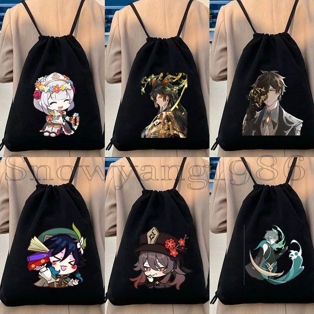 Genshin Impact Anime Gifts Kawaii Hu Tao Alhaitham Cyno Venti Zhongli Haikaveh Collei Canvas Drawstring Bags Backpack Sackpack