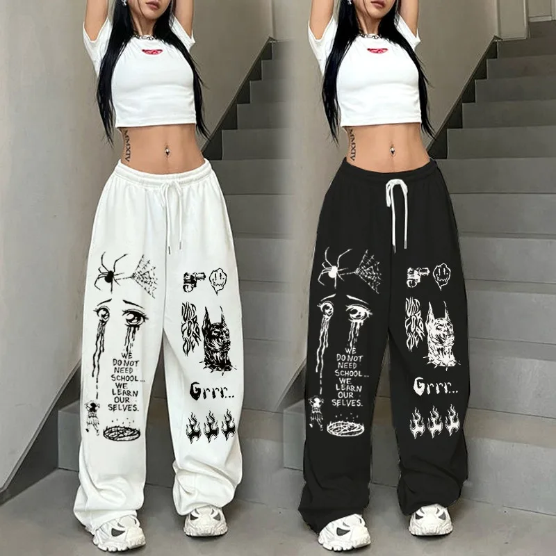 بنطال فضفاض بطبعة جرافيتي للنساء - بنطال رياضي فضفاض واسع الساق مع رباط، بنطال كاجوال على طراز Y2K Punk