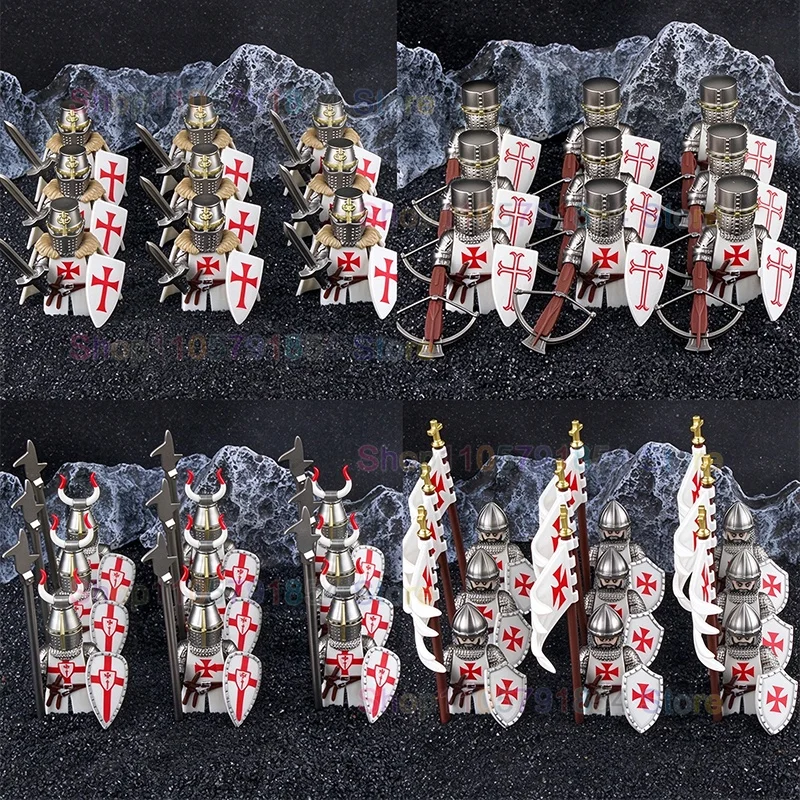 MOC Warrior Knight Action Figures Armor Team Building Blocks Assembly Desktop Toys Spear Accessories Party Gifts DT8910+DT8911