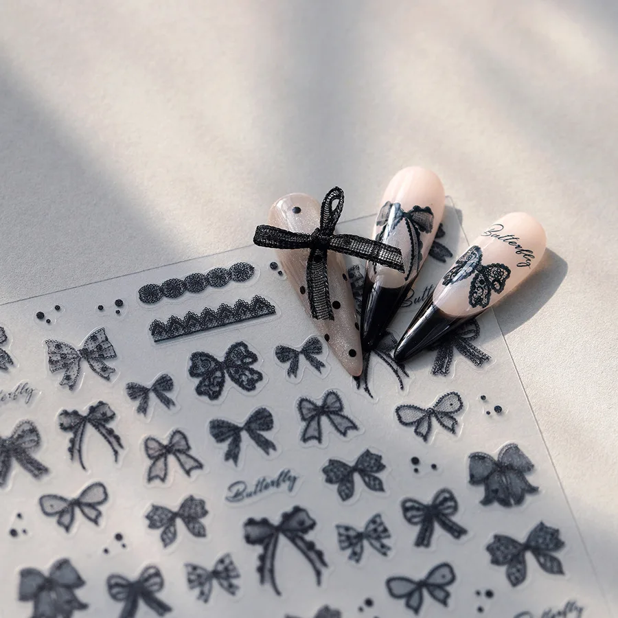 Cravatta in nastro di seta con fiocco in pizzo nero, cravatta cava, sexy, romantica, elegante, linea autoadesiva, decorazione per unghie, adesivo per manicure