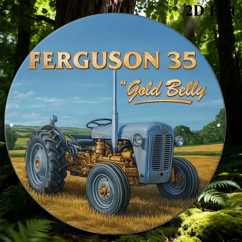 2D Flat, 1pc Ferguson 35 Golden Belly Vintage Farm Tractor Metal Sign - 8-Inch Round Agricultural Collectible Plaque Suitable fo
