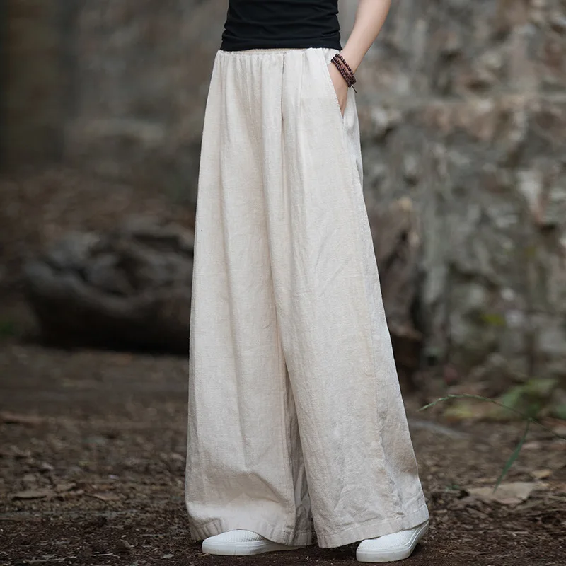 

Spring Summer Cotton Linen Wide-leg Pants Women's Clothes Retro Casual Trouser All-match Straight Pants Black Elastic High Waist