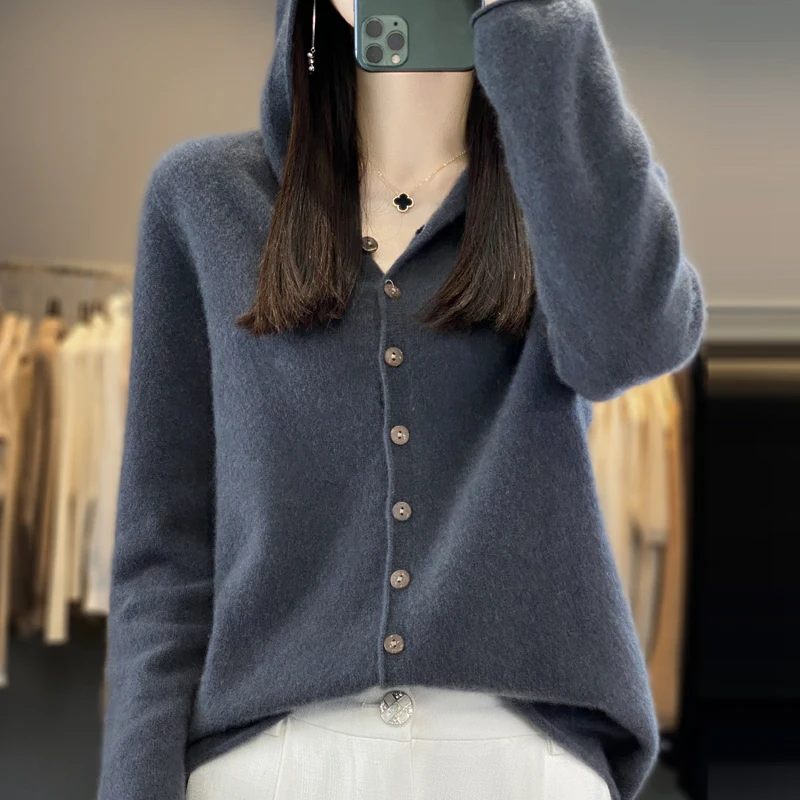 100% merino wool cardigan hat autumn and winter new cashmere sweater female O-neck cardigan warm bottoming sweater top